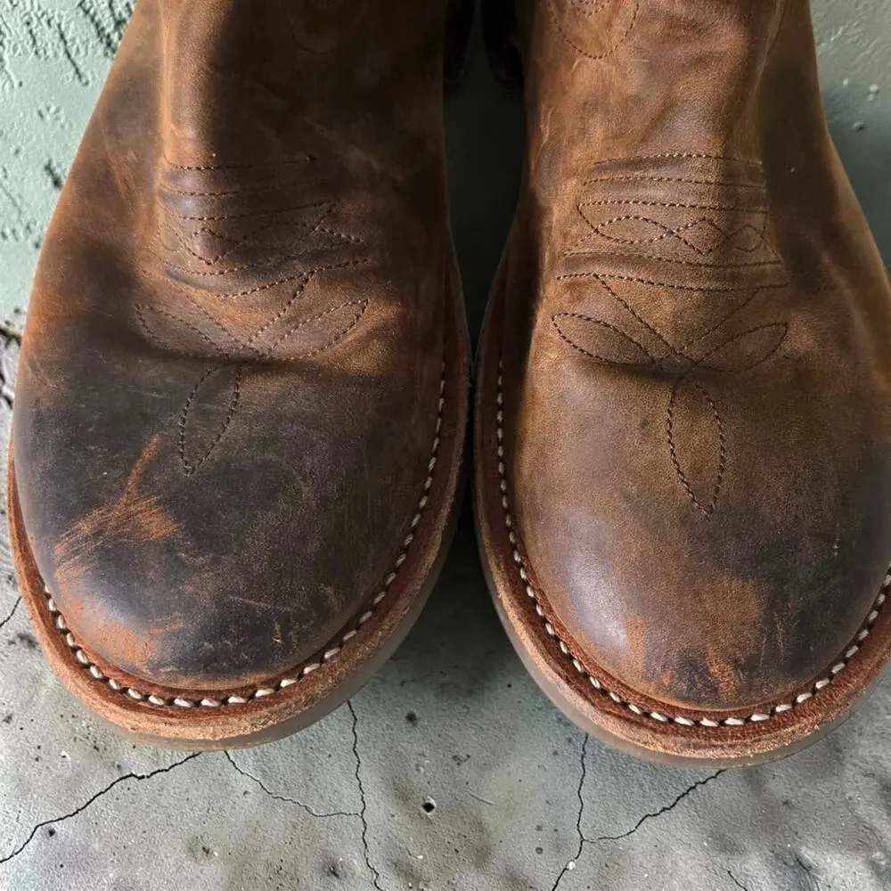Old West Embroidered Cowboy Boots Brown Western Round Leather Fancy Stitch 3.5